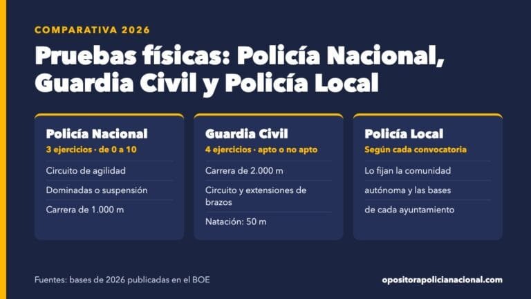 Comparativa de las pruebas físicas de la Policía Nacional (3 ejercicios puntuados de 0 a 10), la Guardia Civil (4 ejercicios, apto o no apto) y la Policía Local